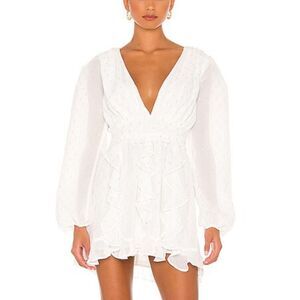 NWT NBD Anya Mini Dress White & Silver chiffon ruffle peasant Revolve XS